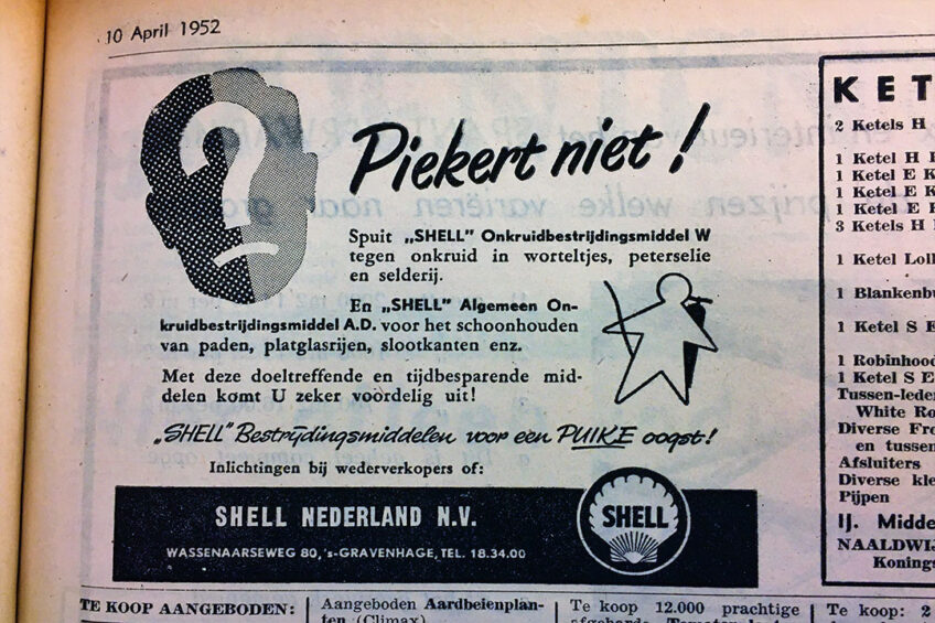 Piekert niet, maar pak de spuit. Advertentie voor chemische middelen in 1952. - Foto: Ton van der Scheer