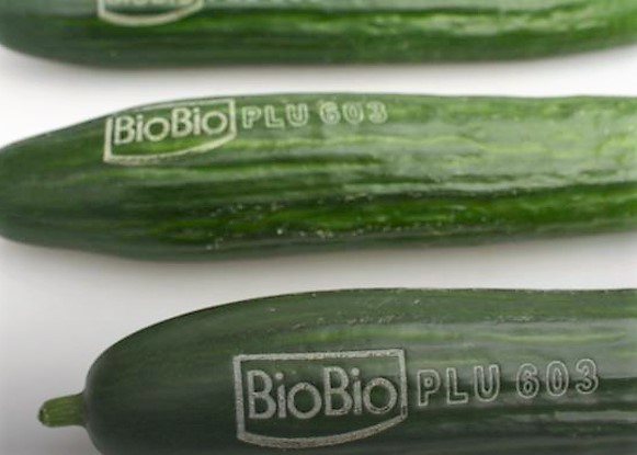 Komkommers met bio-merk erop gelaserd. - Foto: Eosta