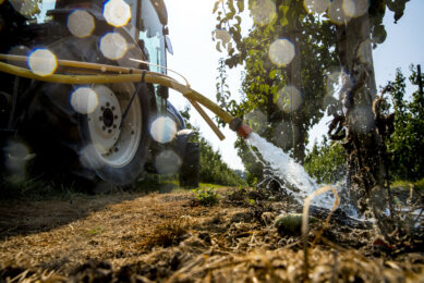 Een teler die niet te maken heeft met een beregeningsverbod, geeft de fruitbomen water. - Foto: ANP