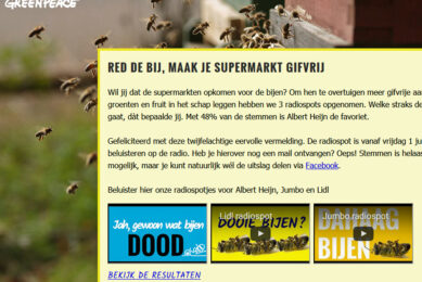 Men kon op internet stemmen op spotjes tegen AH, Lidl of Jumbo. AH 'won'. - Illustratie: www. greenpeace.nl